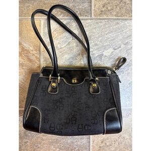 Aigner Black Logo Print Leather‎ Trim Satchel Handbag Purse Gold Hardware